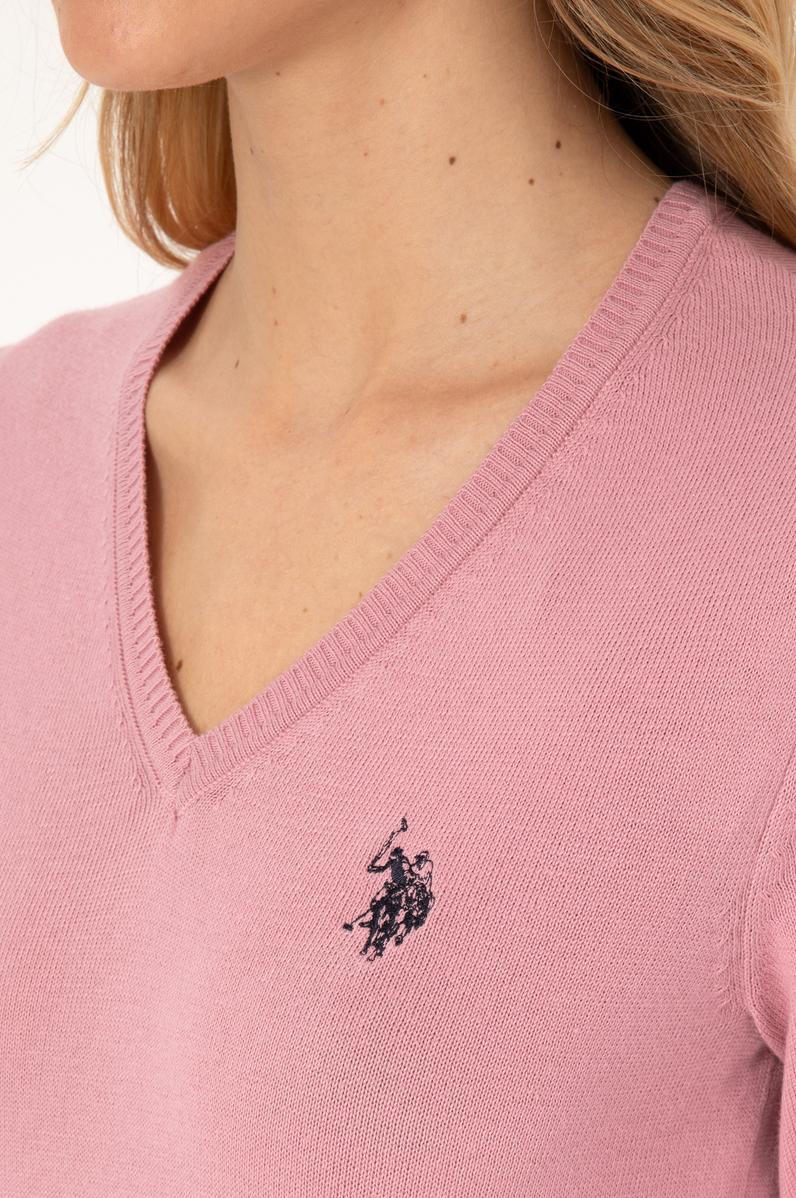 Kadın Pembe V Yaka Basic Kazak