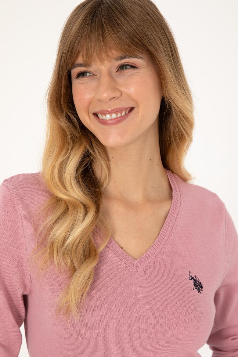 Kadın Pembe V Yaka Basic Kazak - 50313590088