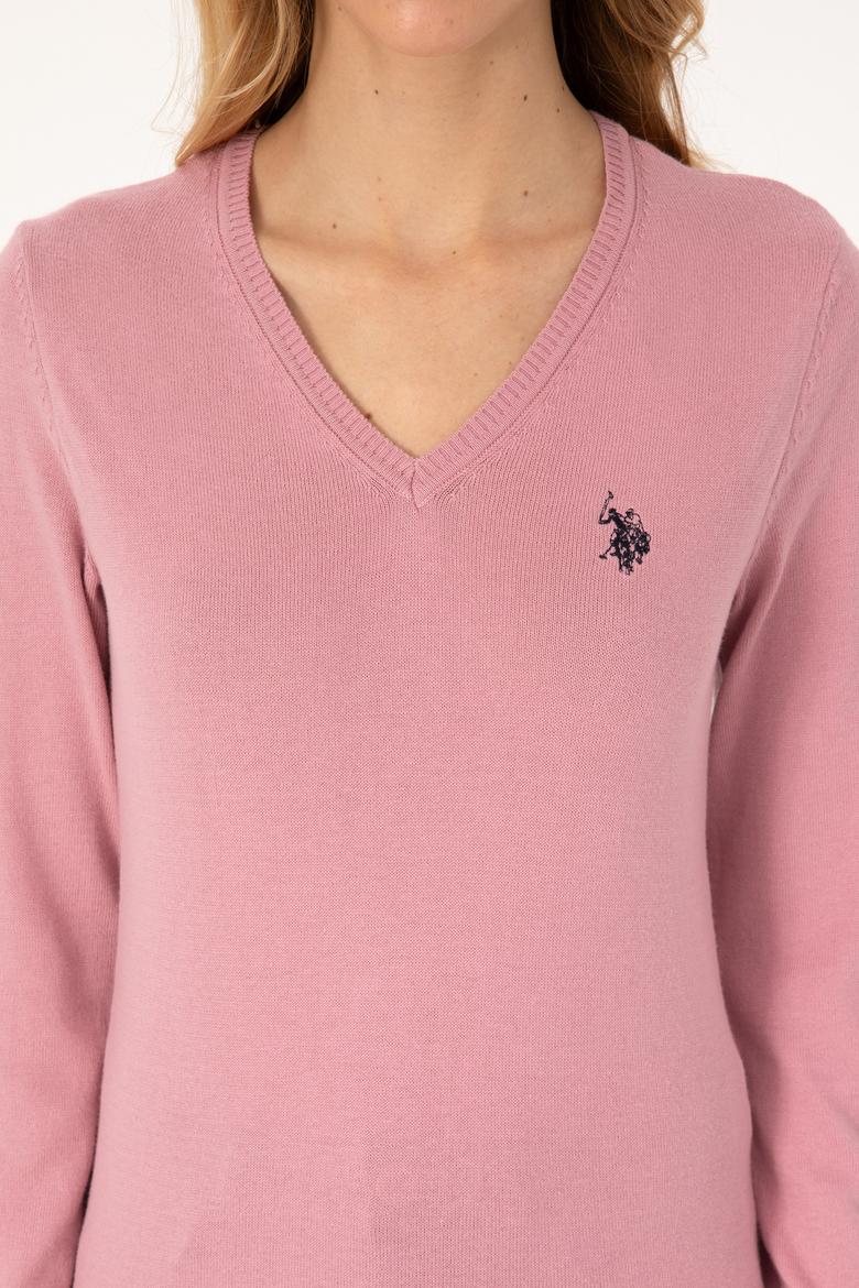 Kadın Pembe V Yaka Basic Kazak - 50313590088