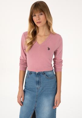 Kadın Pembe V Yaka Basic Kazak - 50313590088