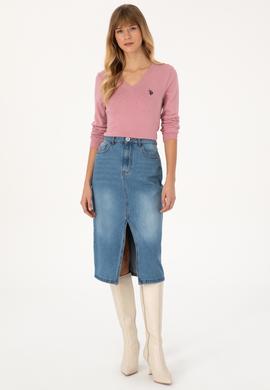 Kadın Pembe V Yaka Basic Kazak - 50313590088