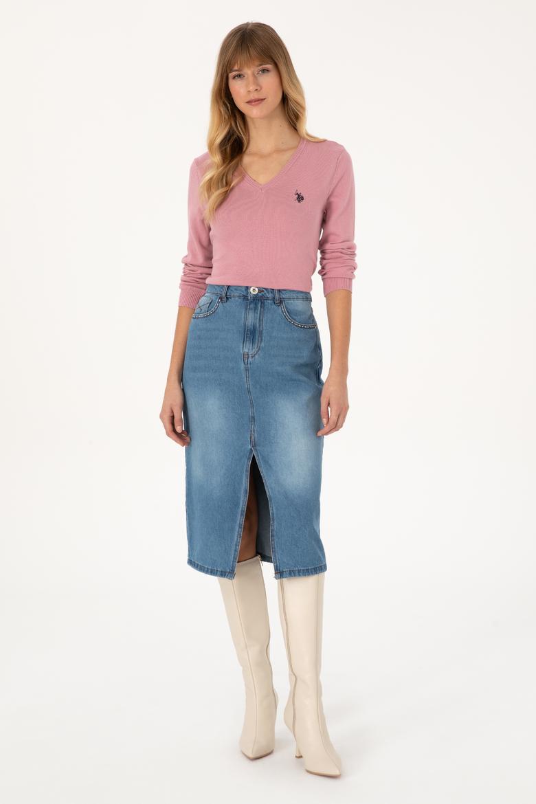 Kadın Pembe V Yaka Basic Kazak - 50313590088