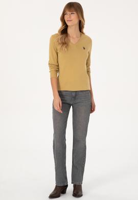 Kadın Hardal V Yaka Basic Kazak - 50313590095