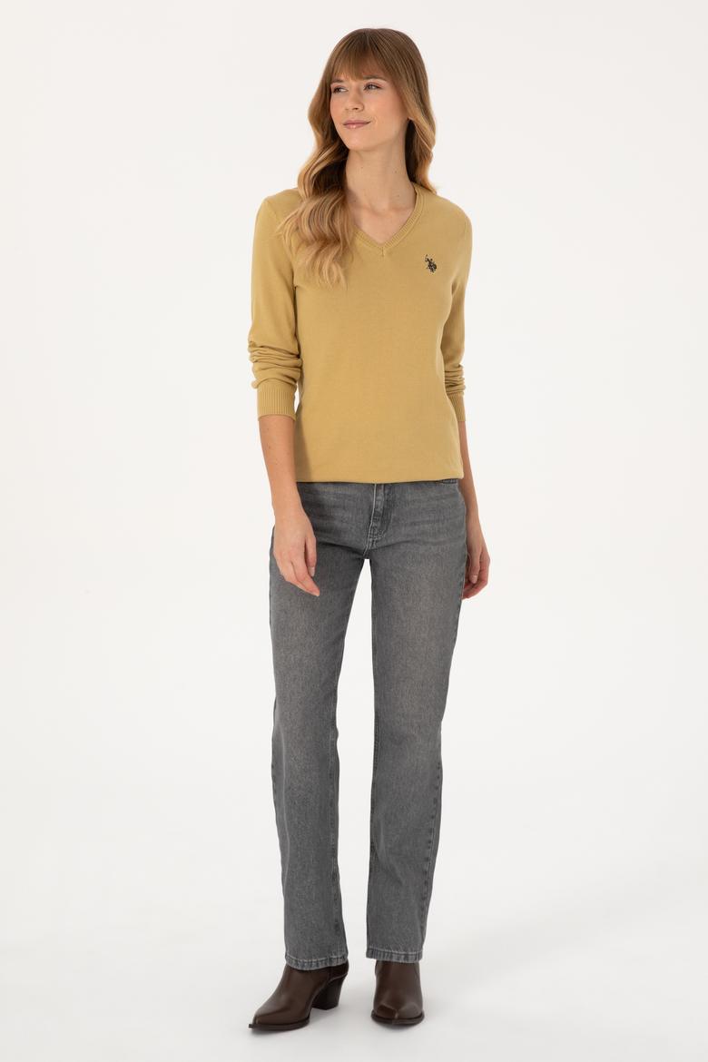 Kadın Hardal V Yaka Basic Kazak - 50313590095