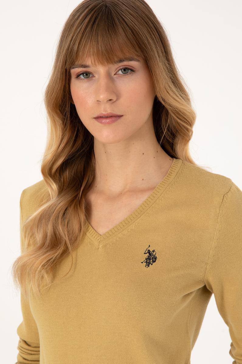 Kadın Hardal V Yaka Basic Kazak