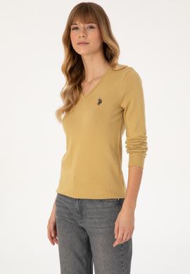 Kadın Hardal V Yaka Basic Kazak - 50313590095