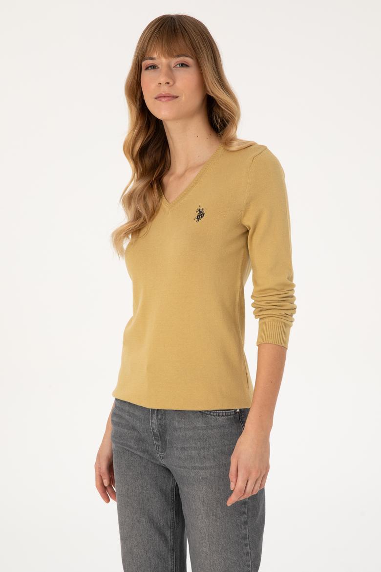 Kadın Hardal V Yaka Basic Kazak - 50313590095