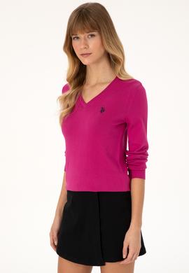 Kadın Pembe V Yaka Basic Kazak - 50313590060