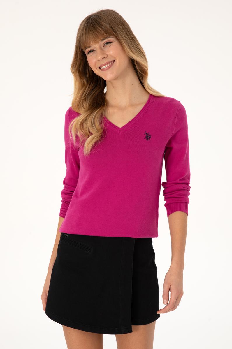 Kadın Pembe V Yaka Basic Kazak