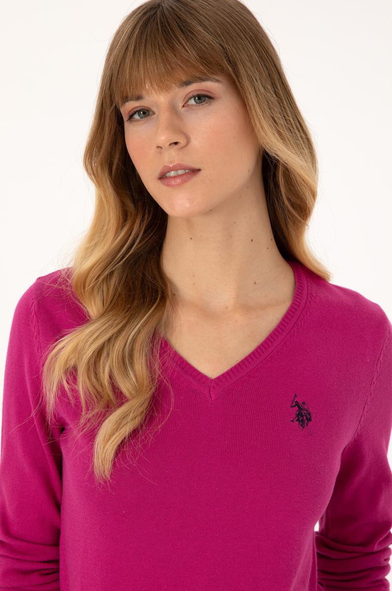 Kadın Pembe V Yaka Basic Kazak