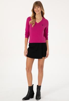 Kadın Pembe V Yaka Basic Kazak - 50313590060