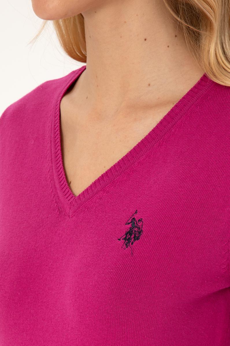 Kadın Pembe V Yaka Basic Kazak