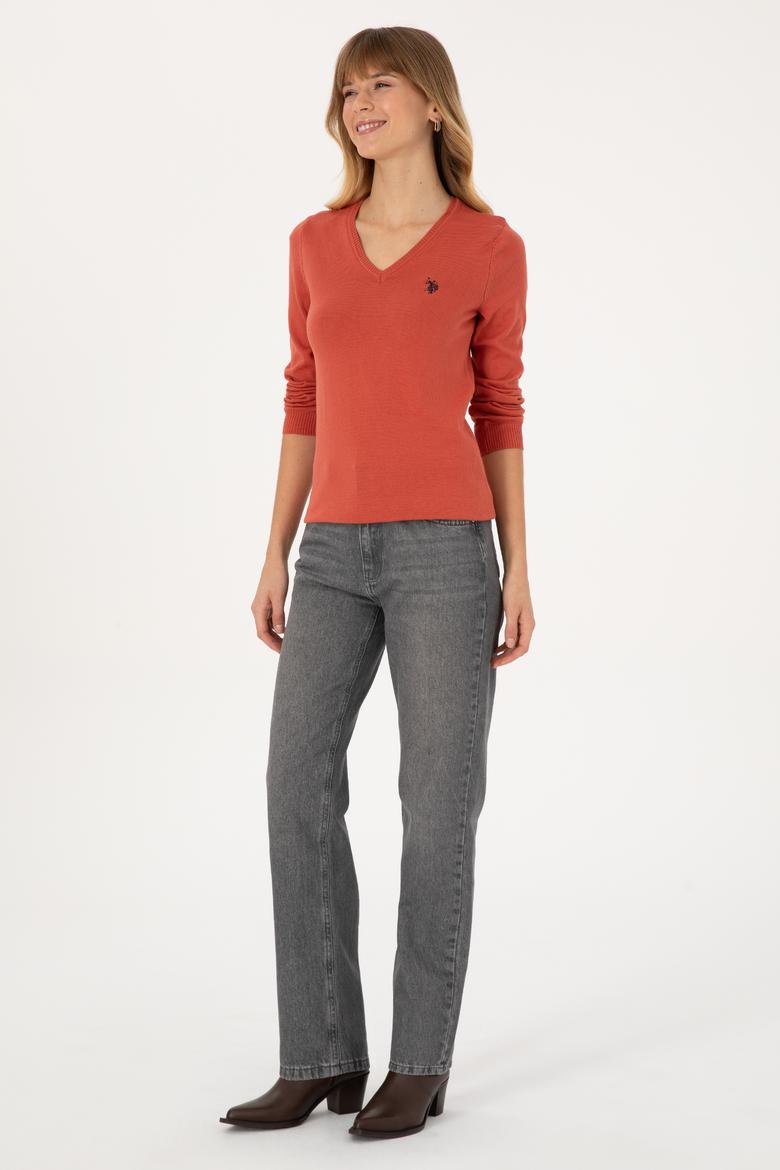 Kadın Gül Kurusu V Yaka Basic Kazak - 50313590067