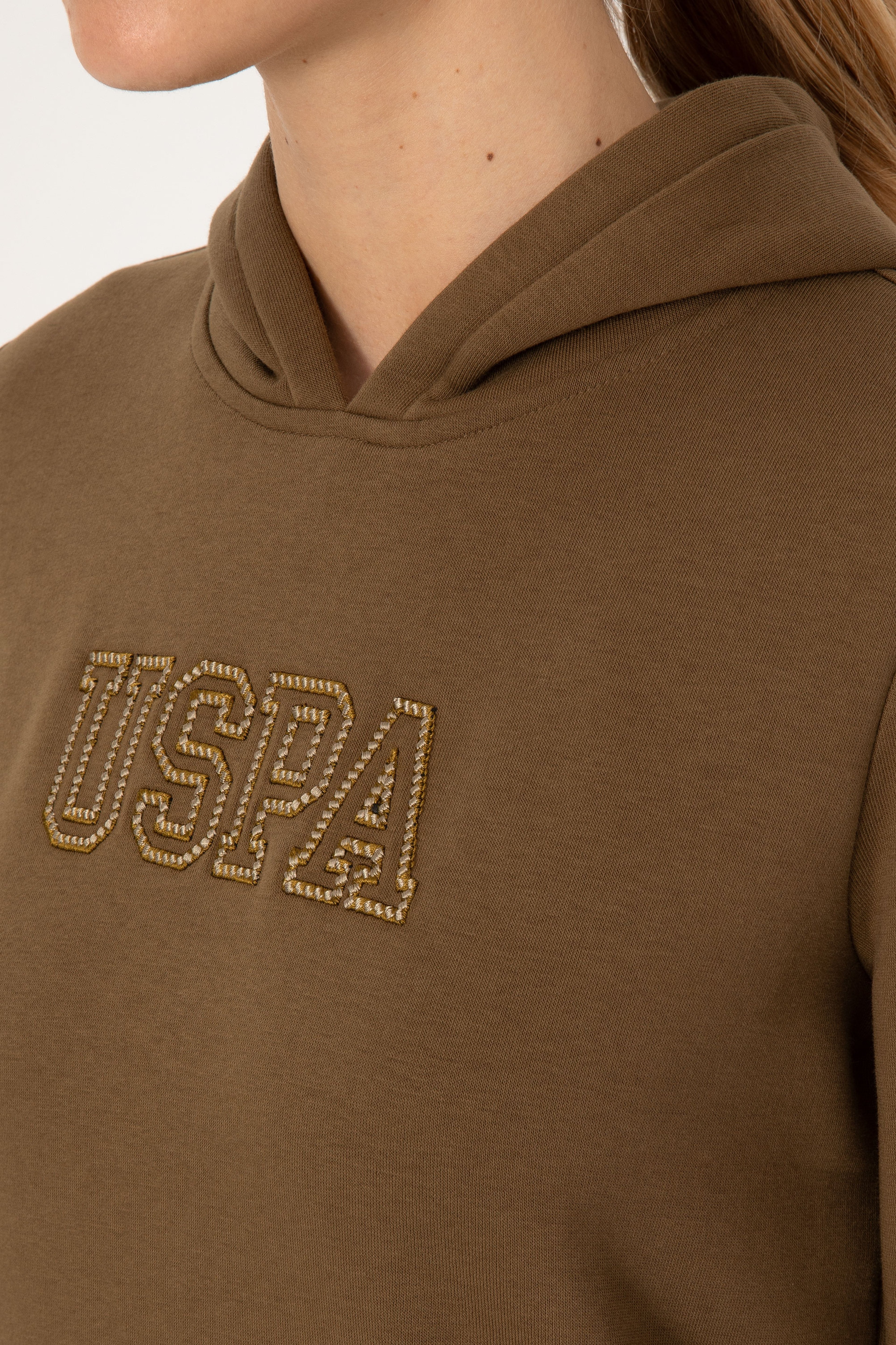 Kadın Haki Şardonlu Kapüşonlu Basic Sweatshirt - Image 7