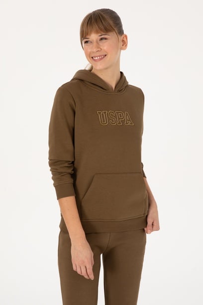 Kadın Haki Şardonlu Kapüşonlu Basic Sweatshirt
