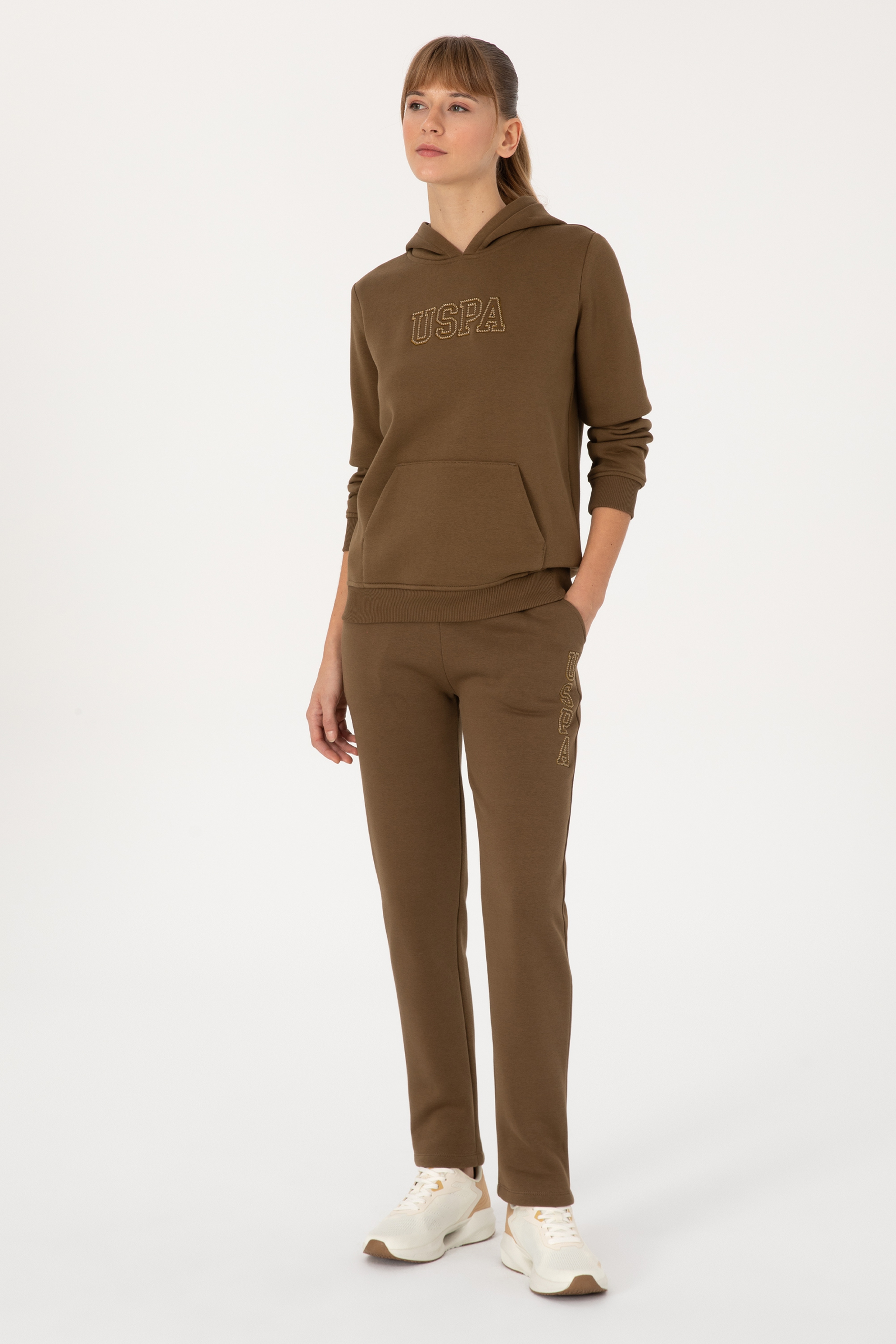 Kadın Haki Şardonlu Kapüşonlu Basic Sweatshirt - Image 4