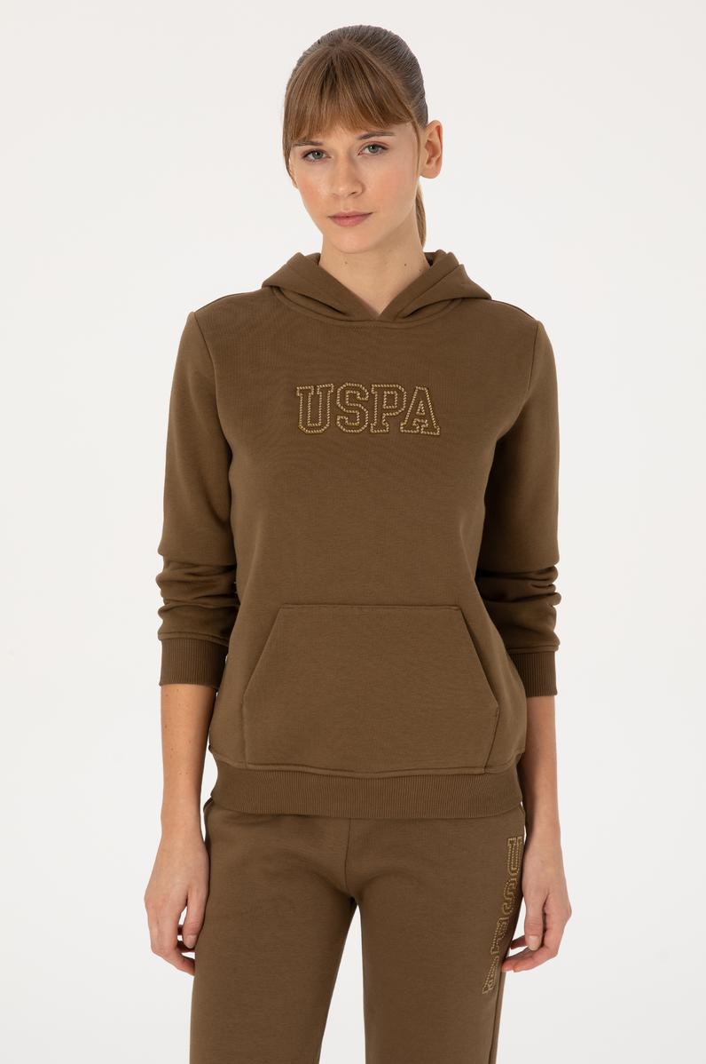 Kadın Haki Şardonlu Kapüşonlu Basic Sweatshirt