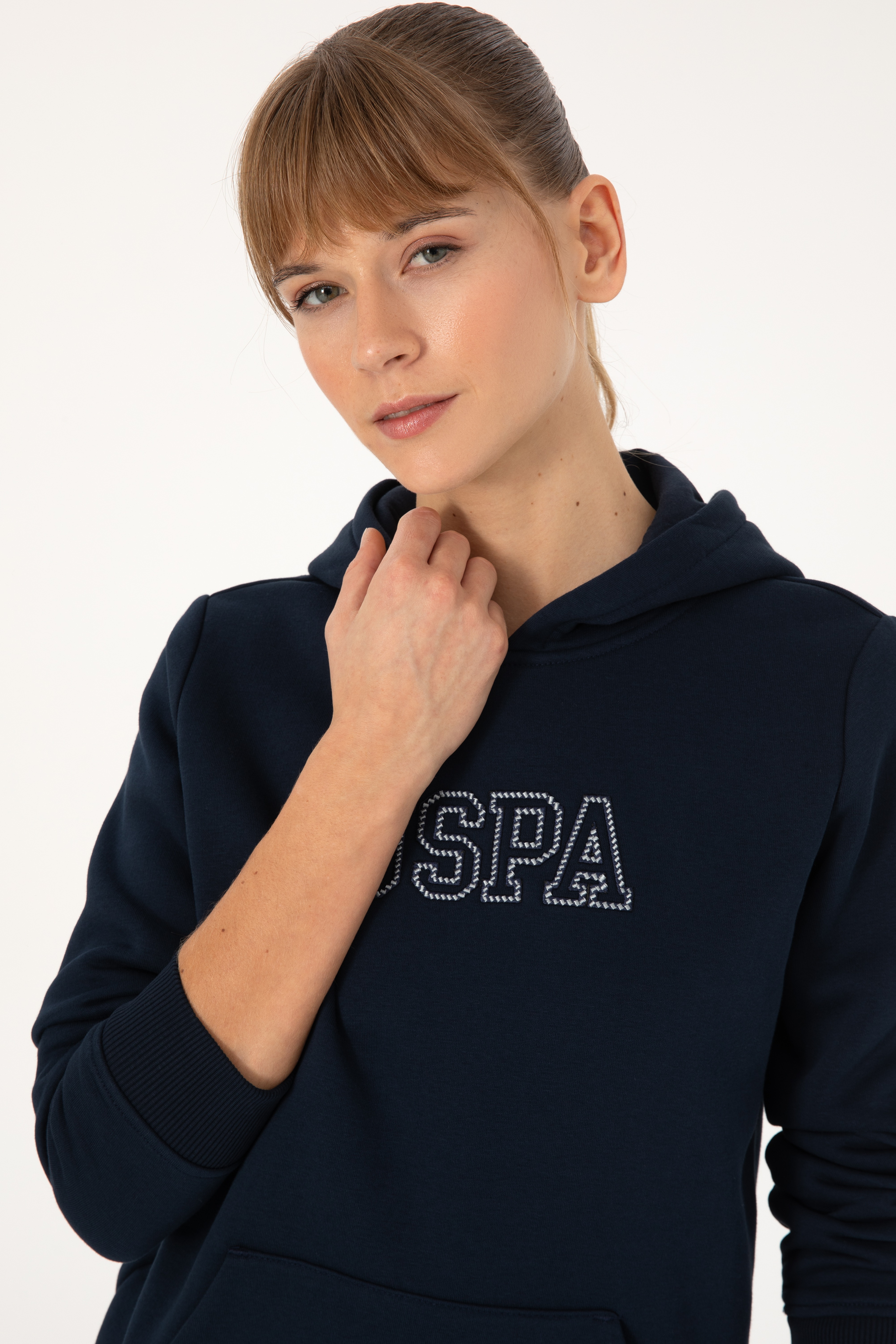 Kadın Lacivert Şardonlu Kapüşonlu Basic Sweatshirt - Image 2