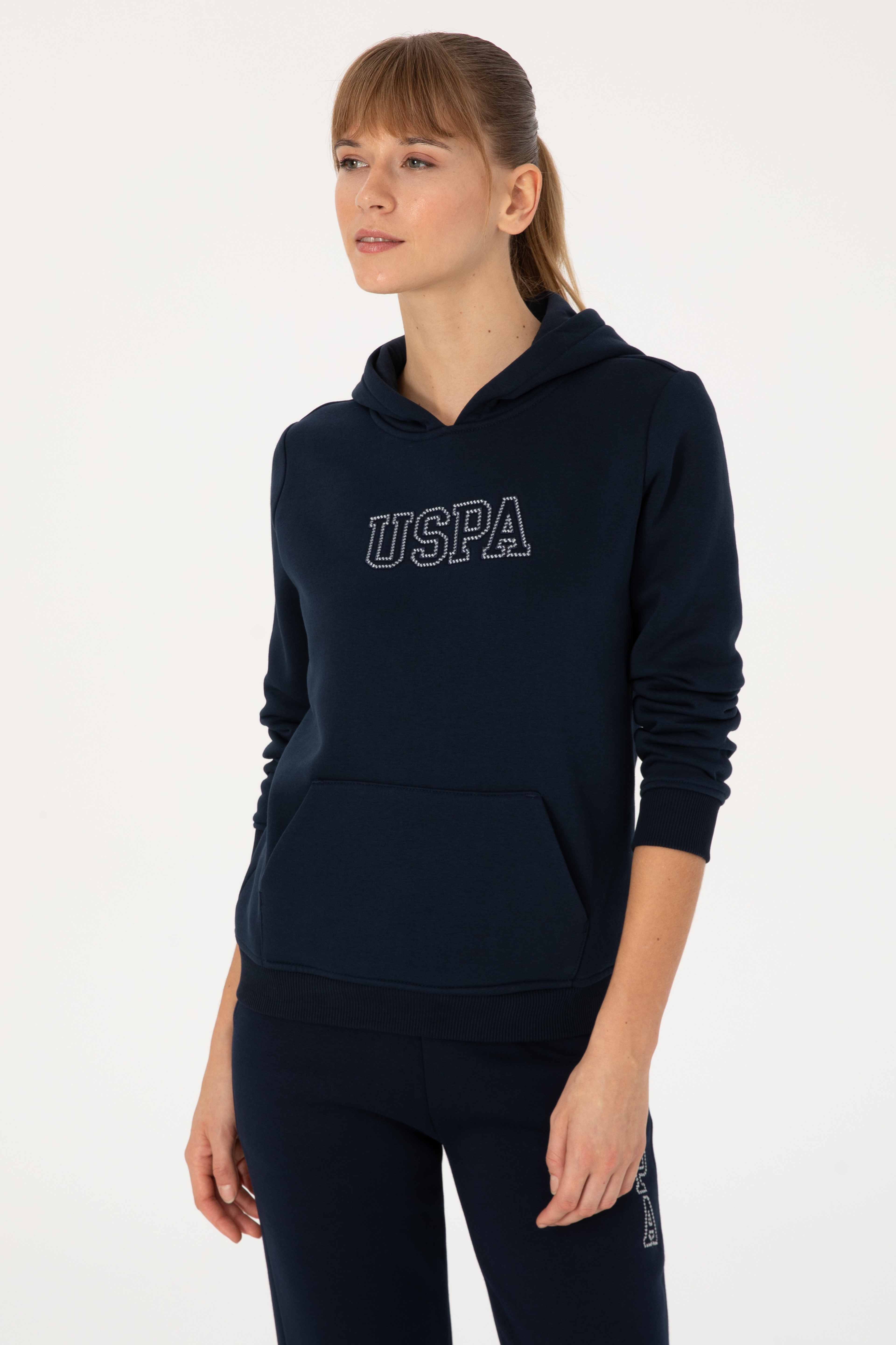 Kadın Lacivert Şardonlu Kapüşonlu Basic Sweatshirt - Image 3
