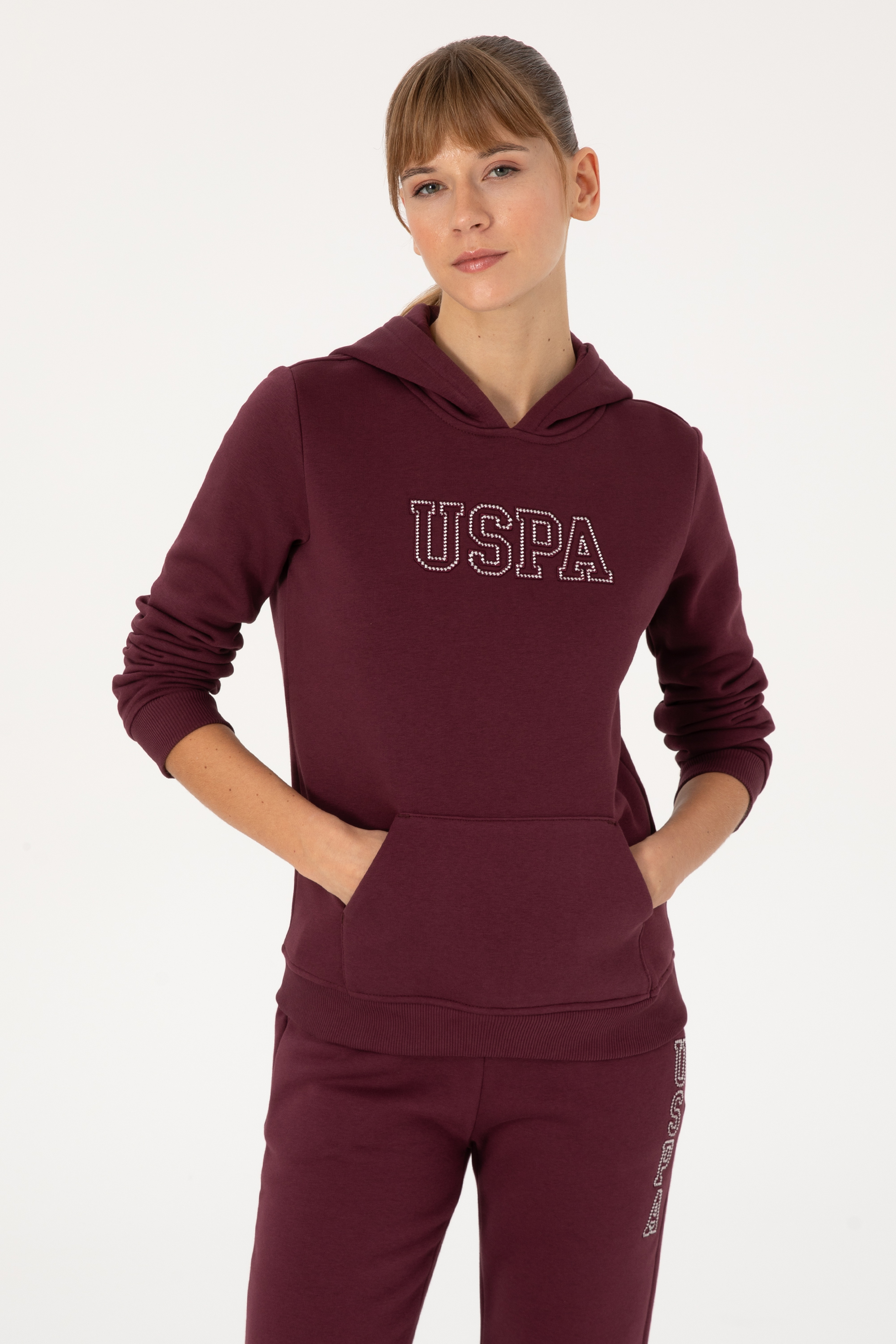 Kadın Bordo Şardonlu Kapüşonlu Basic Sweatshirt - Image 1