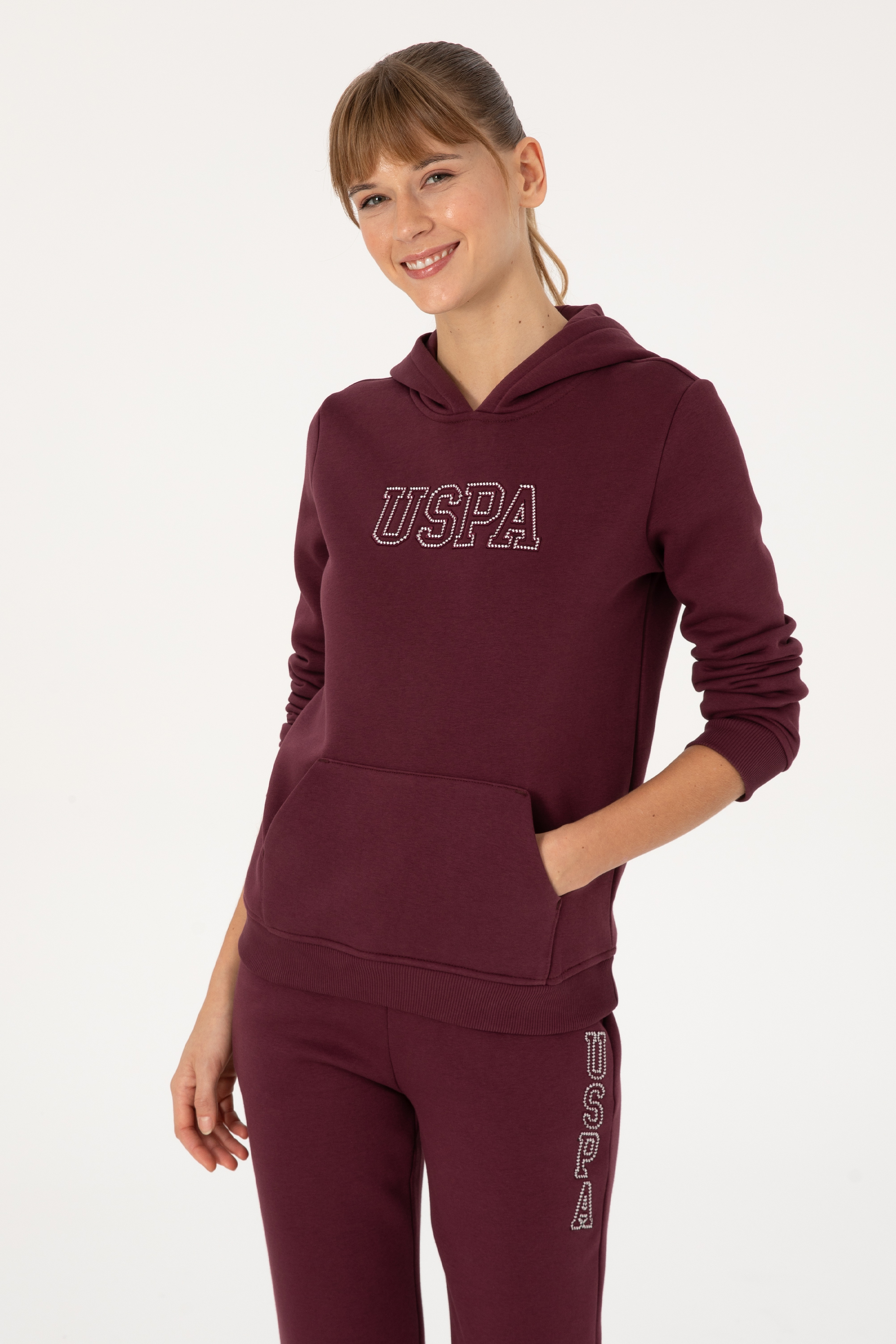 Kadın Bordo Şardonlu Kapüşonlu Basic Sweatshirt - Image 3