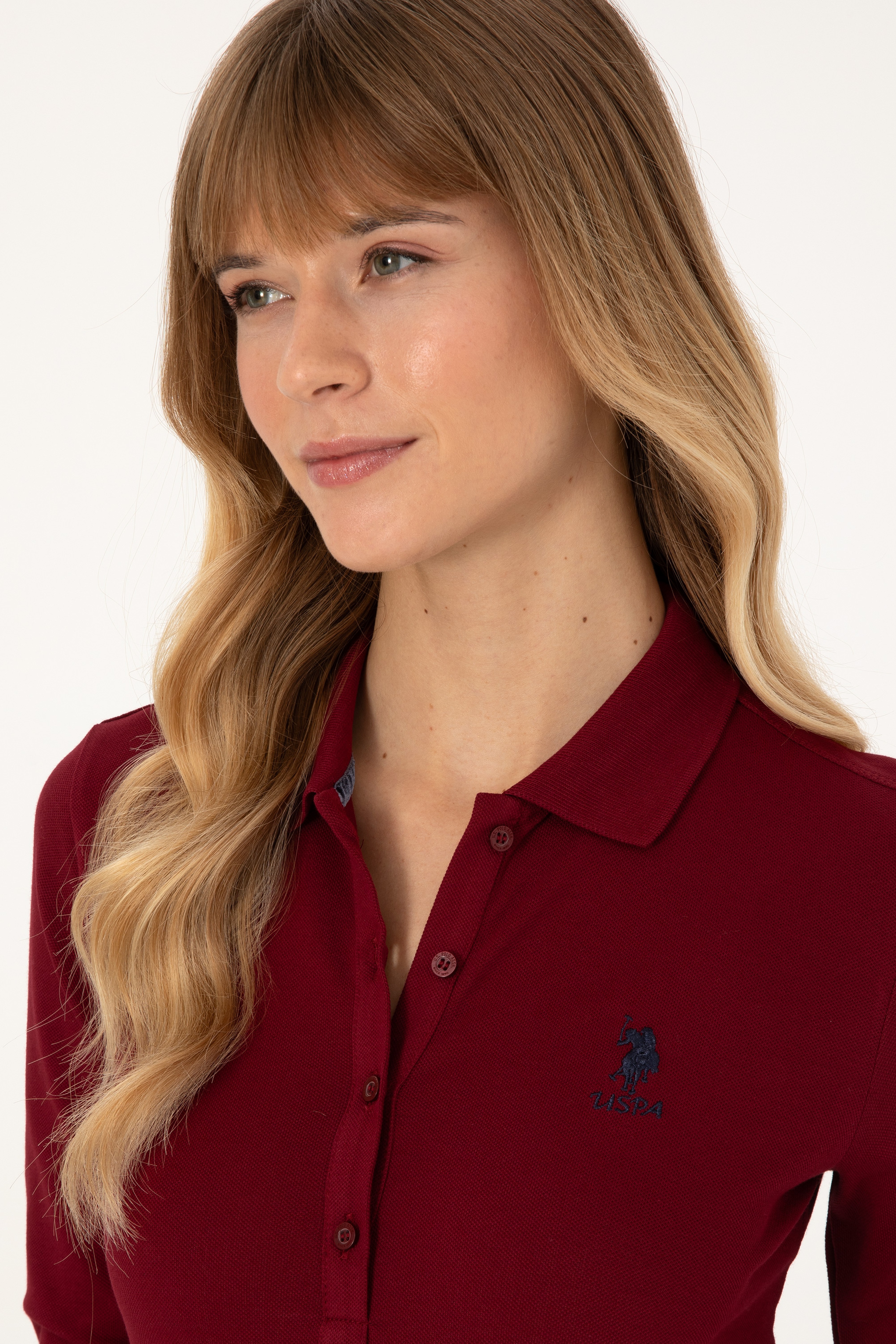 Kadın Bordo Basic Polo Yaka Sweatshirt - Image 2