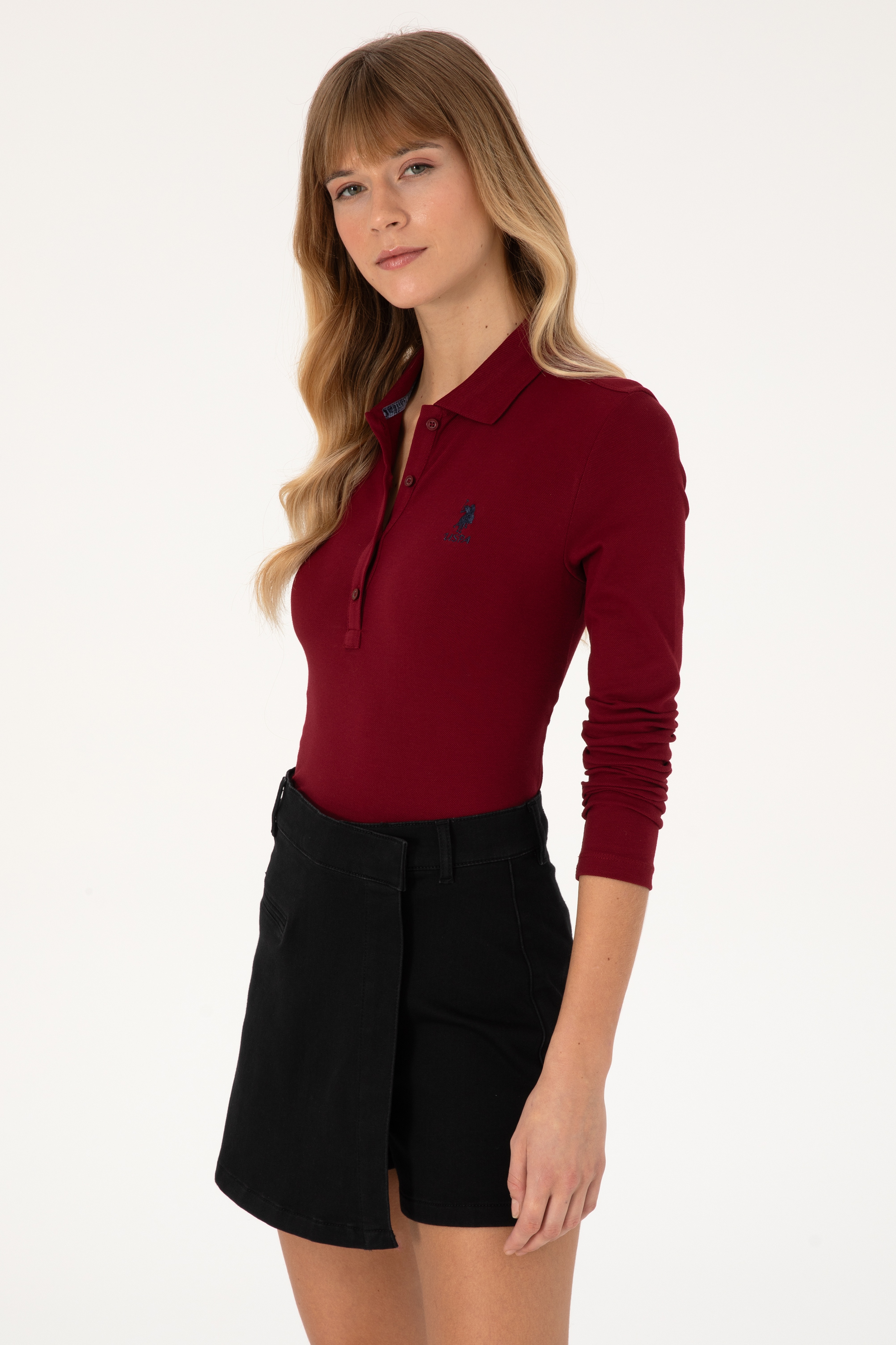 Kadın Bordo Basic Polo Yaka Sweatshirt