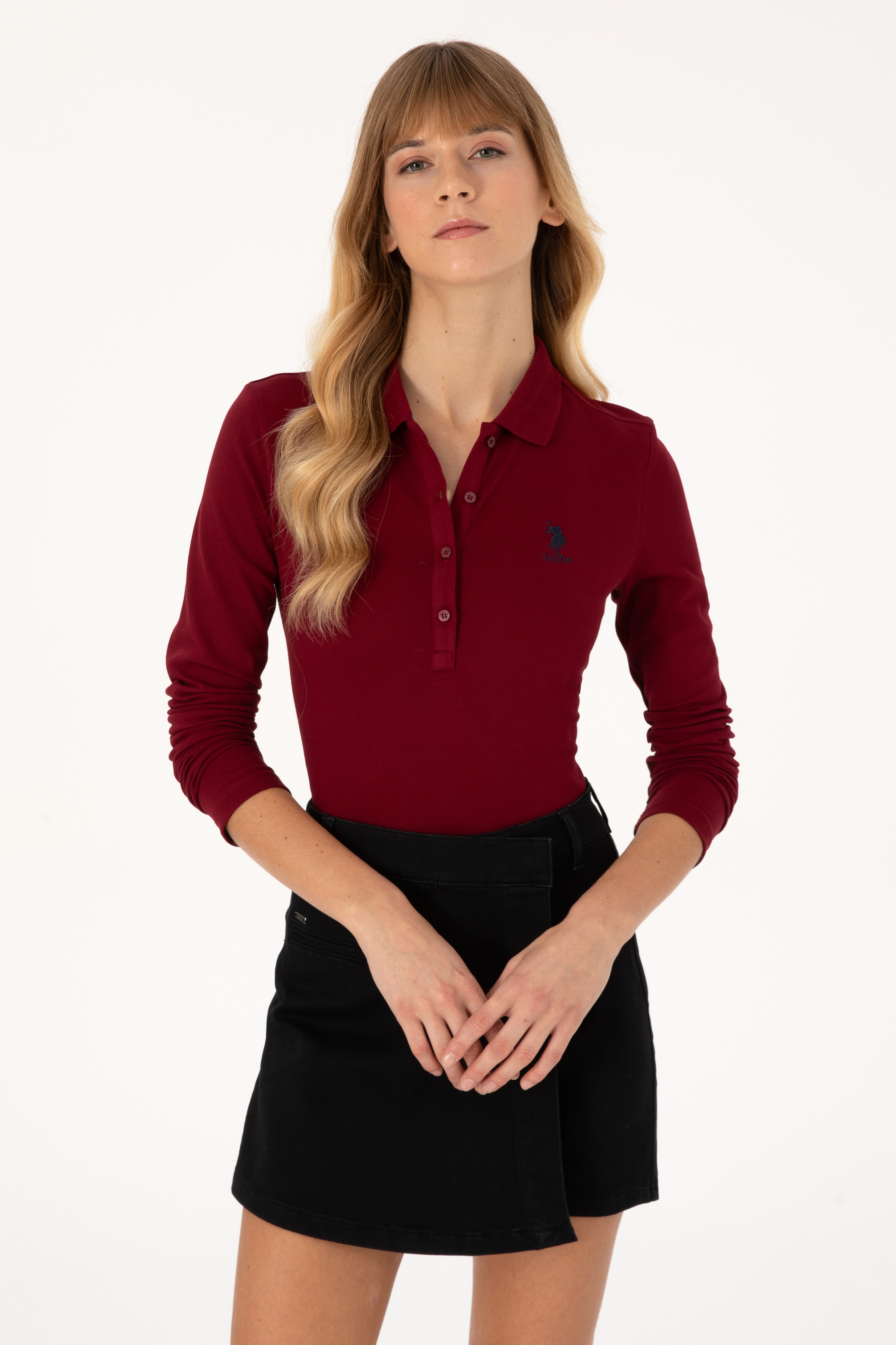 Kadın Bordo Basic Polo Yaka Sweatshirt - Image 1