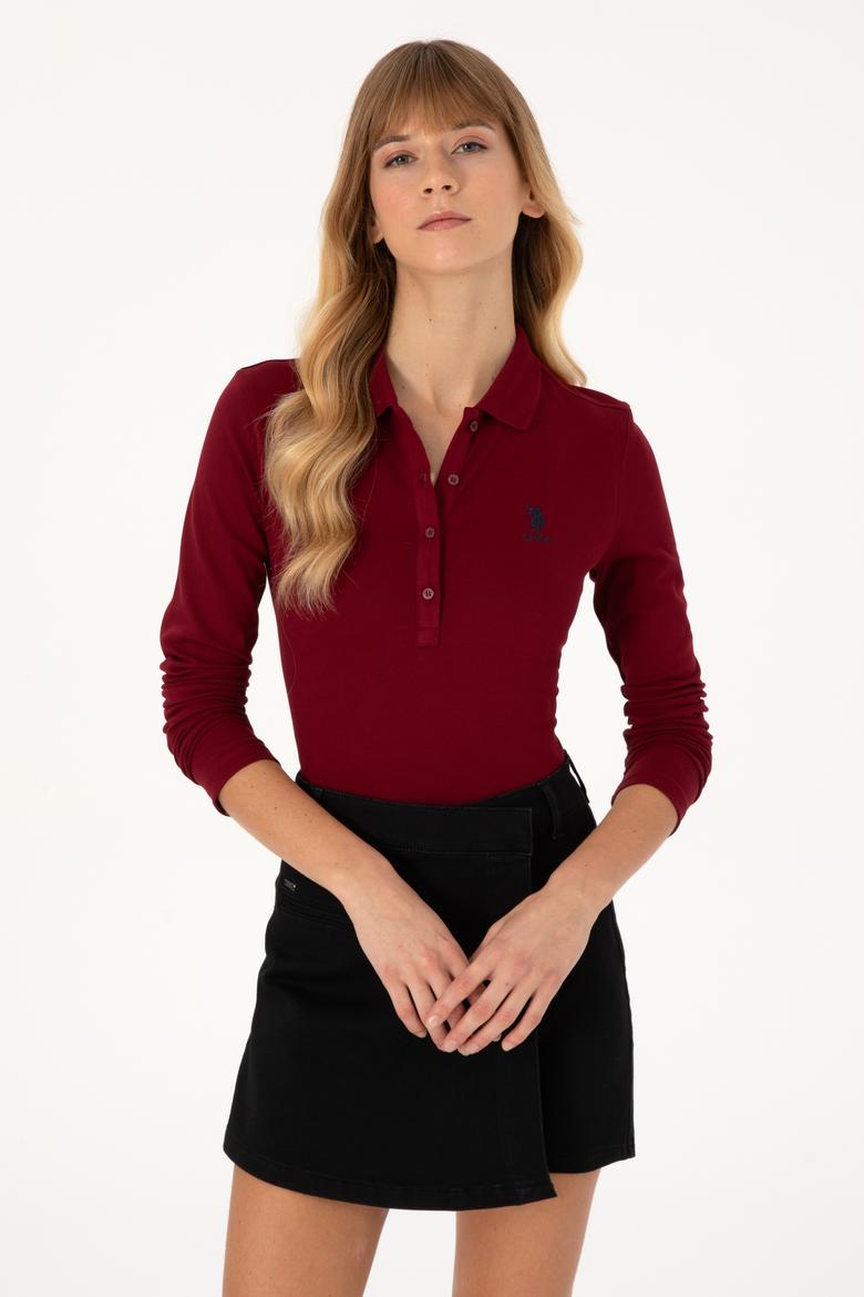 Kadın Bordo Basic Polo Yaka Sweatshirt