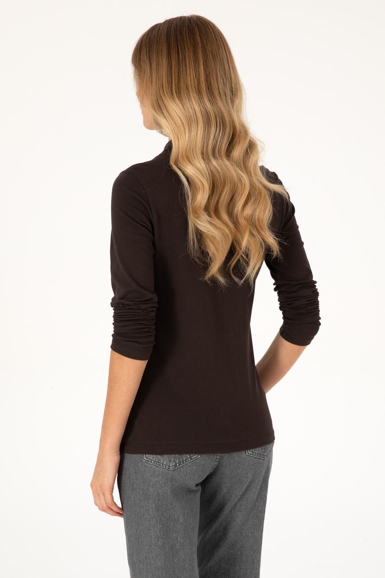 Kadın Kahverengi Basic Polo Yaka Sweatshirt - 50317627030