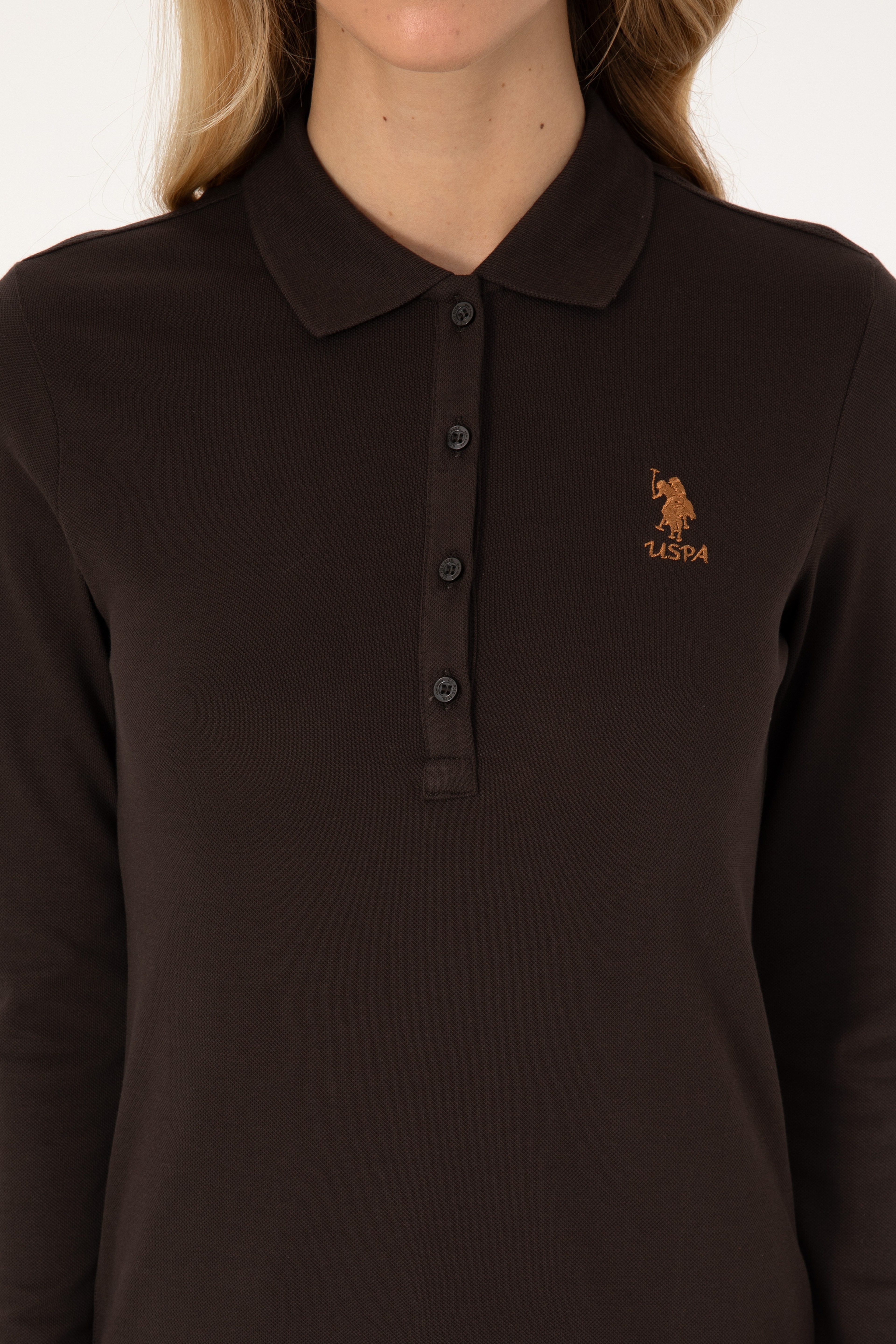 Kadın Kahverengi Basic Polo Yaka Sweatshirt - Image 6