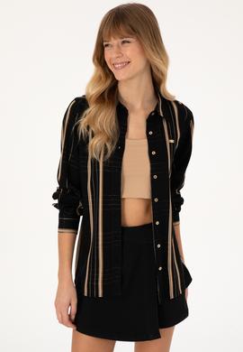 Kadın Siyah Uzun Kollu Çİzgili Gömlek - 50309071008