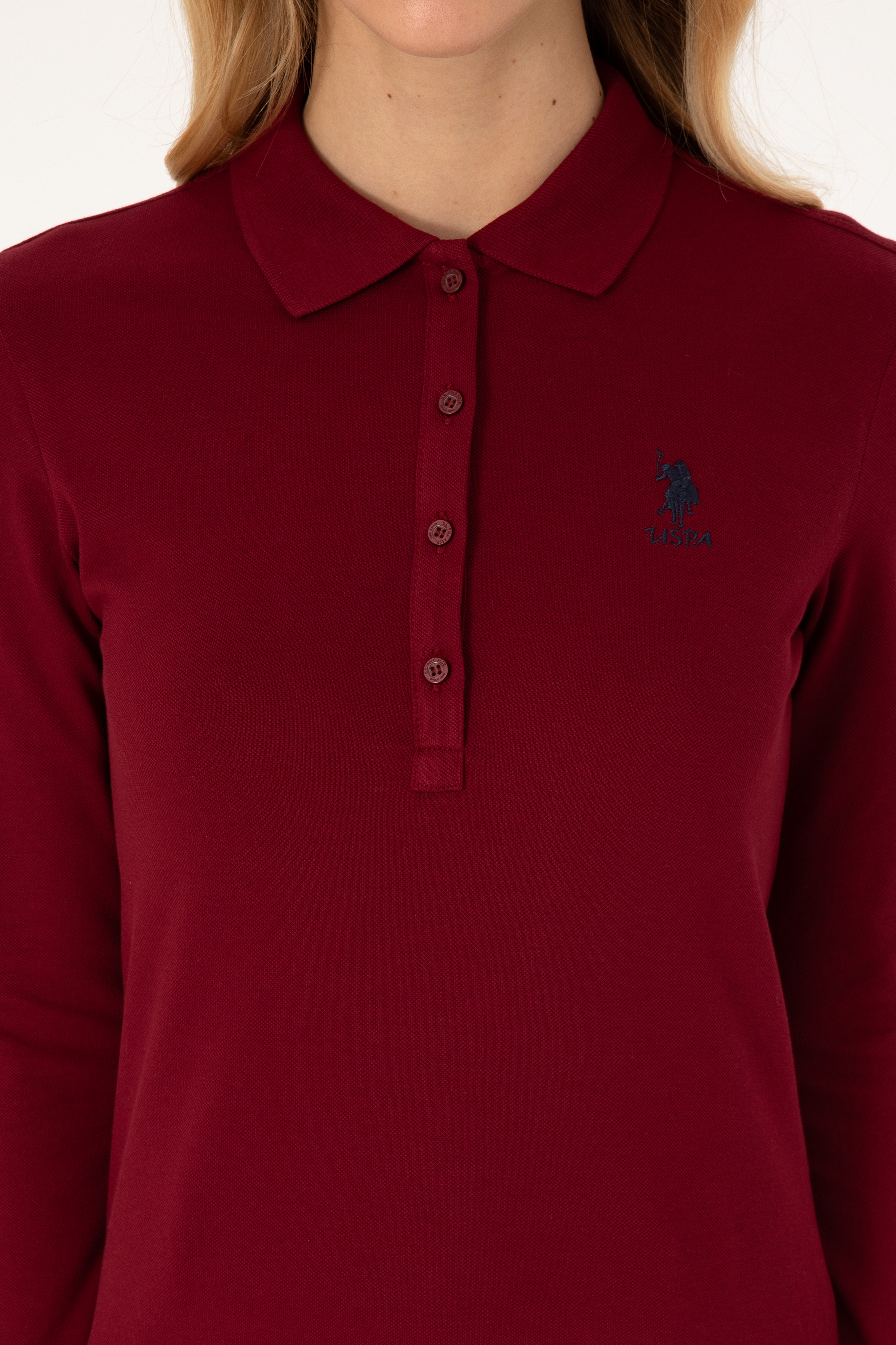 Kadın Bordo Basic Polo Yaka Sweatshirt - Image 6