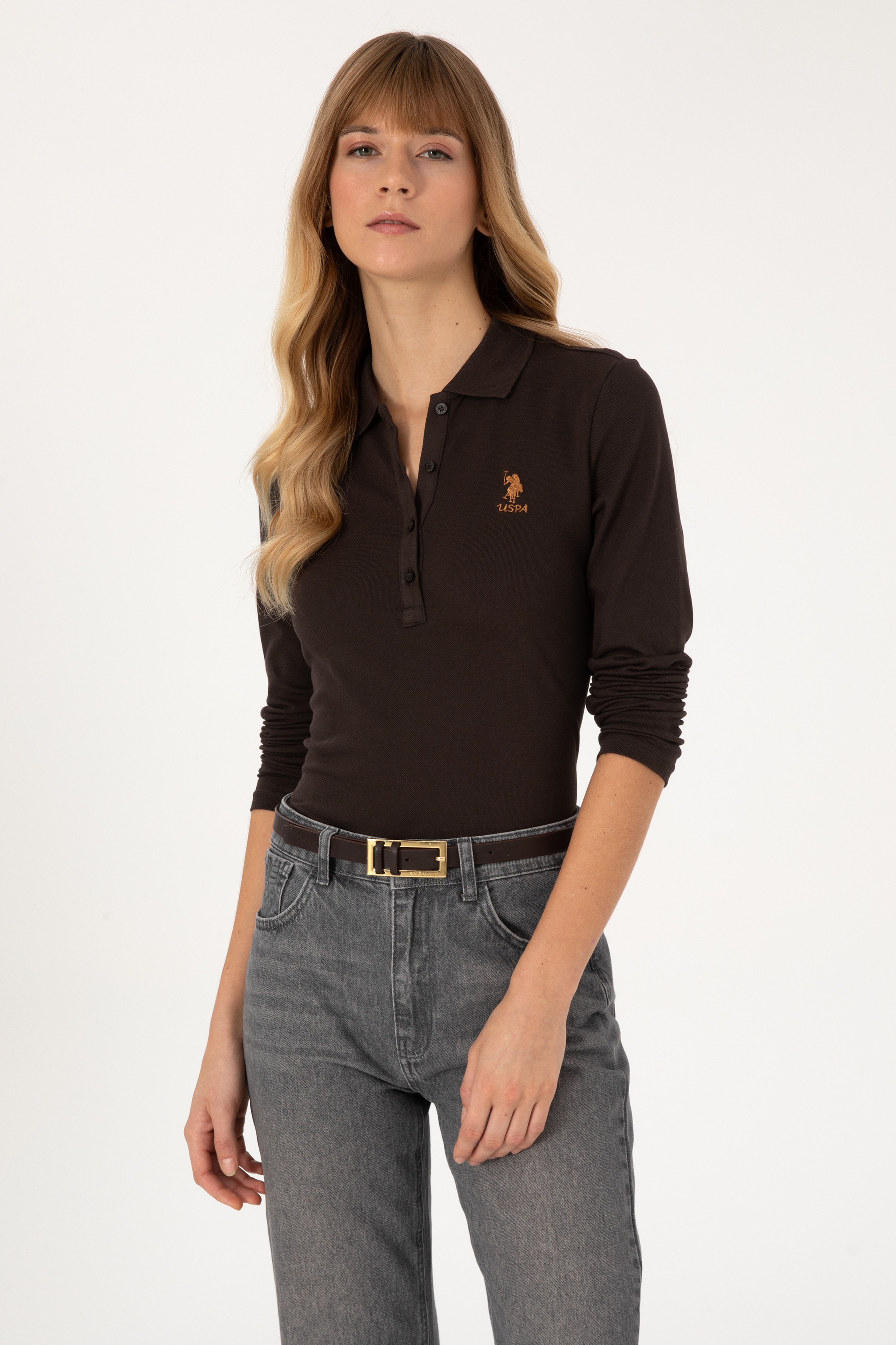 Kadın Kahverengi Basic Polo Yaka Sweatshirt - Image 1