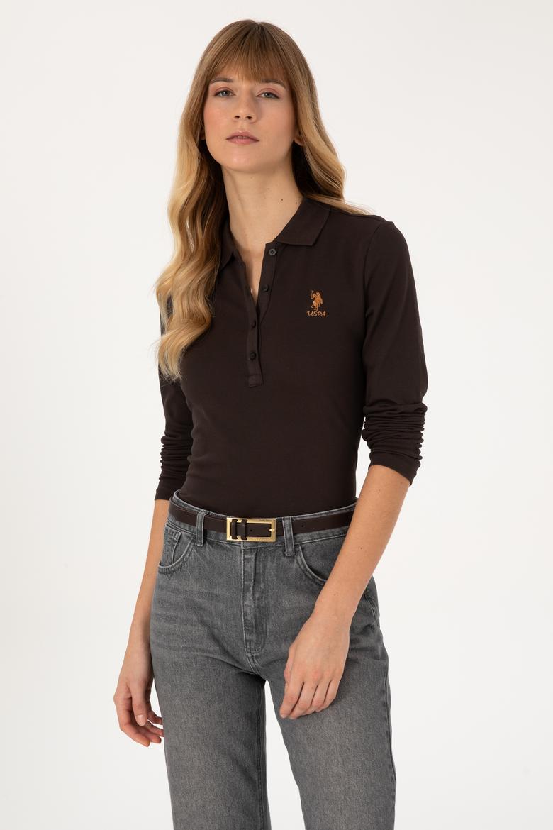 Kadın Kahverengi Basic Polo Yaka Sweatshirt