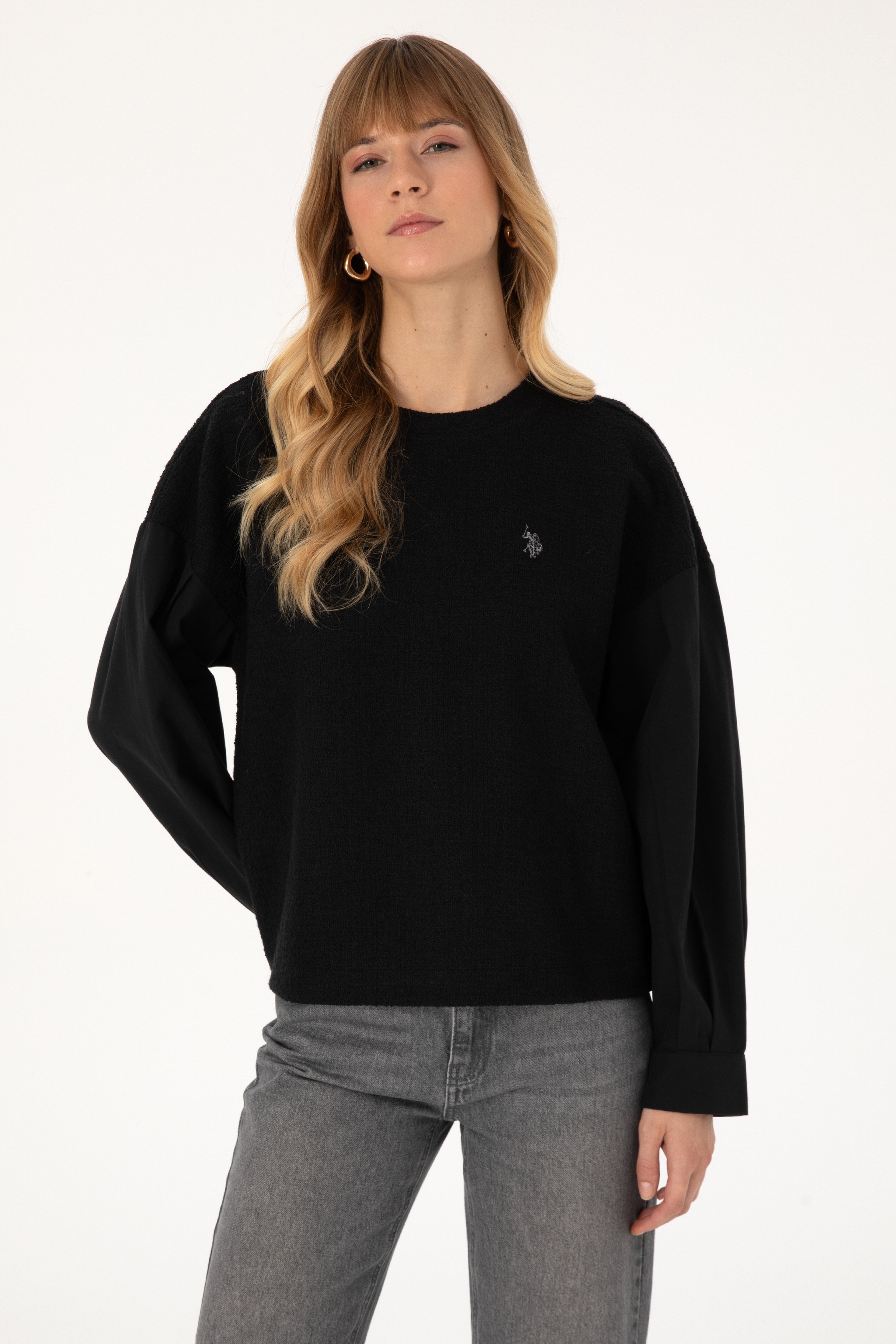 Kadın Siyah Bisiklet Yaka Sweatshirt - Image 1