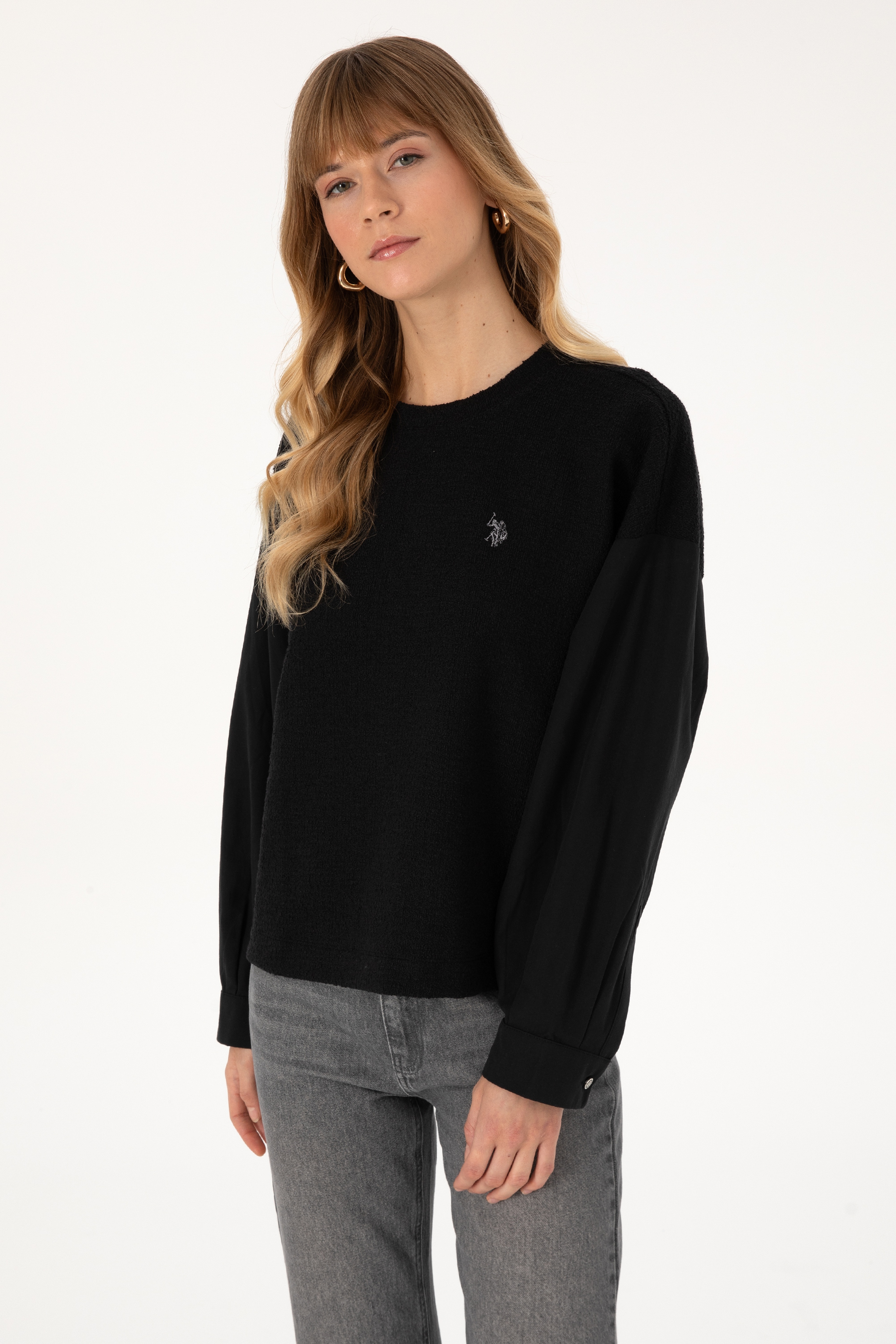 Kadın Siyah Bisiklet Yaka Sweatshirt - Image 3