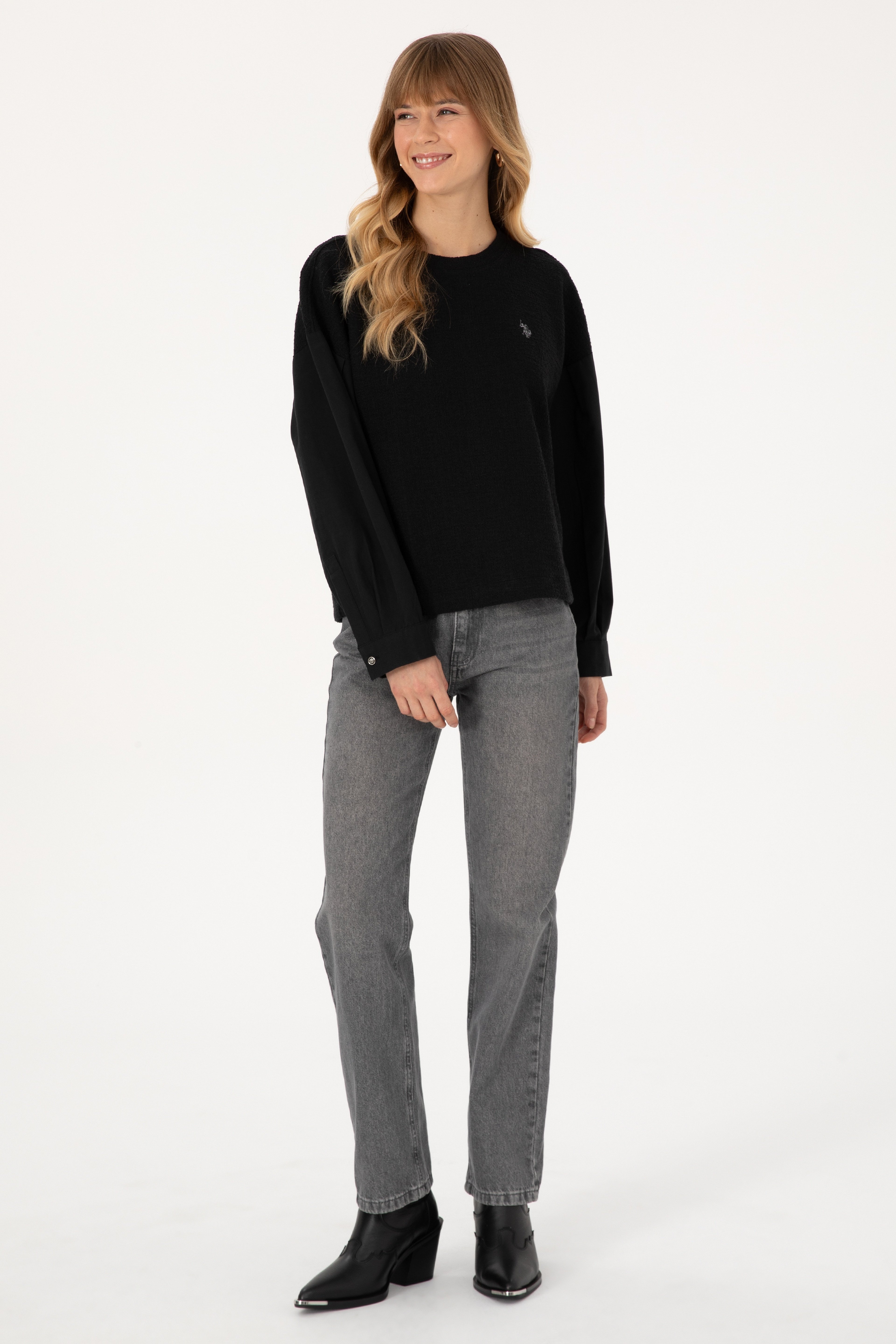 Kadın Siyah Bisiklet Yaka Sweatshirt