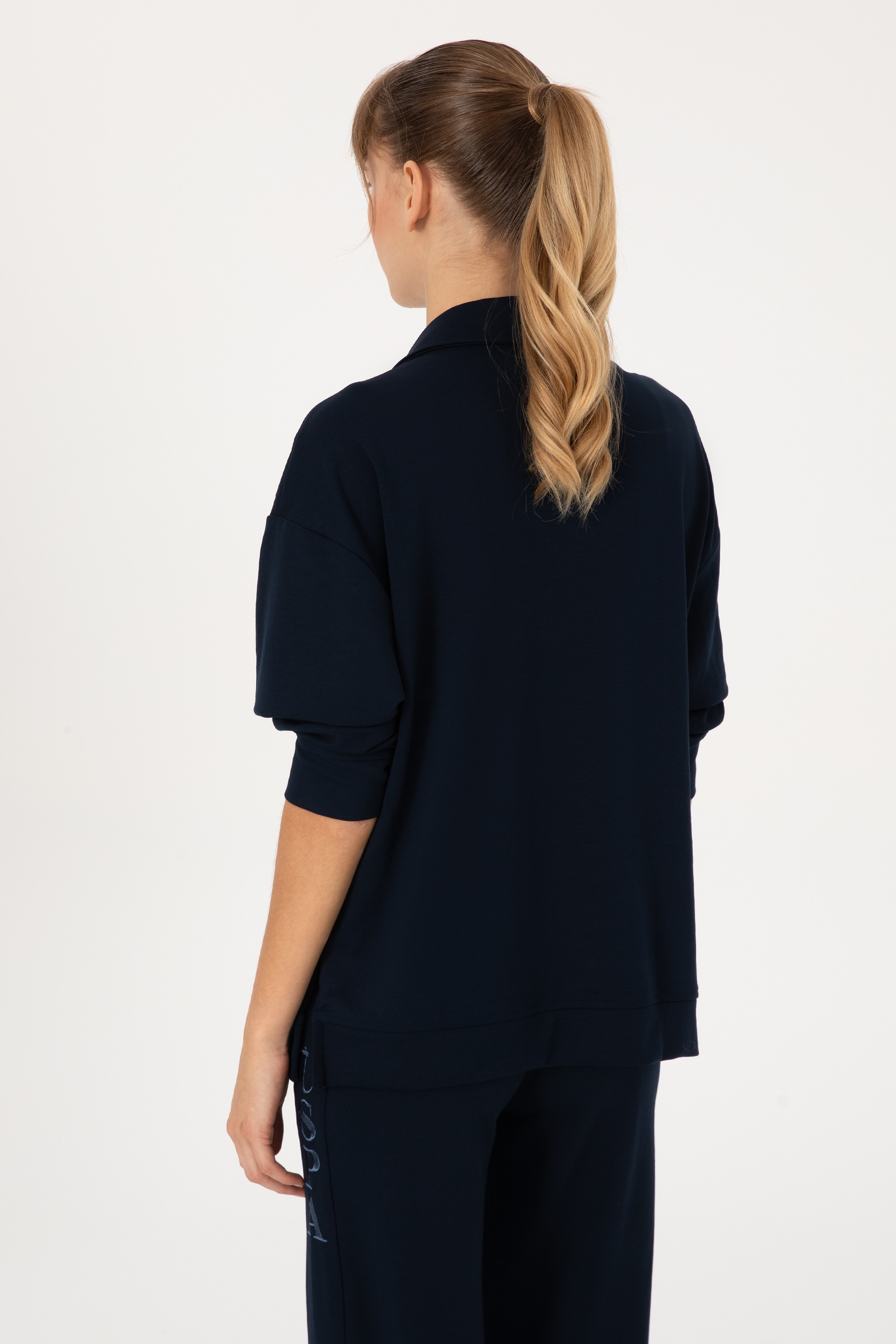 Kadın Lacivert Polo Yaka Sweatshirt