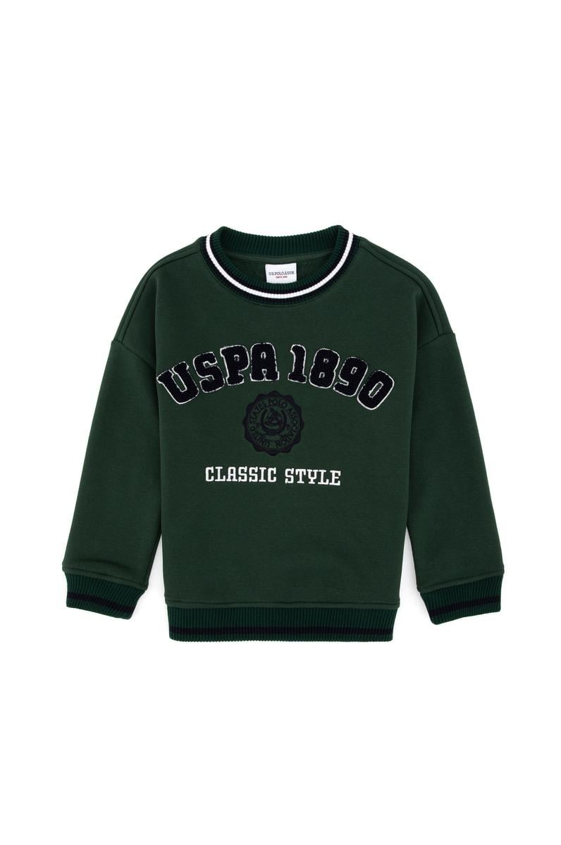 Erkek Çocuk Koyu Yeşil Bisiklet Yaka Şardonlu Sweatshirt