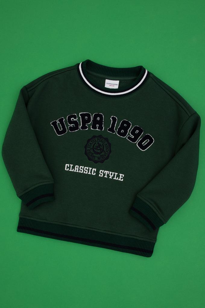 Erkek Çocuk Koyu Yeşil Bisiklet Yaka Şardonlu Sweatshirt