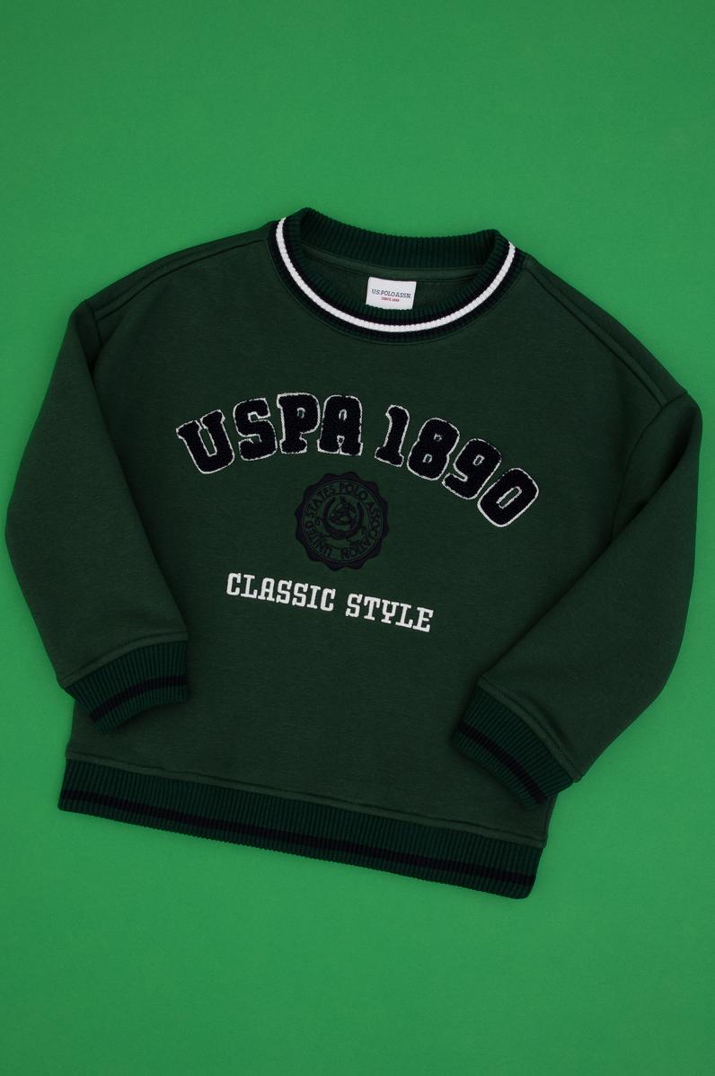 Erkek Çocuk Koyu Yeşil Bisiklet Yaka Şardonlu Sweatshirt