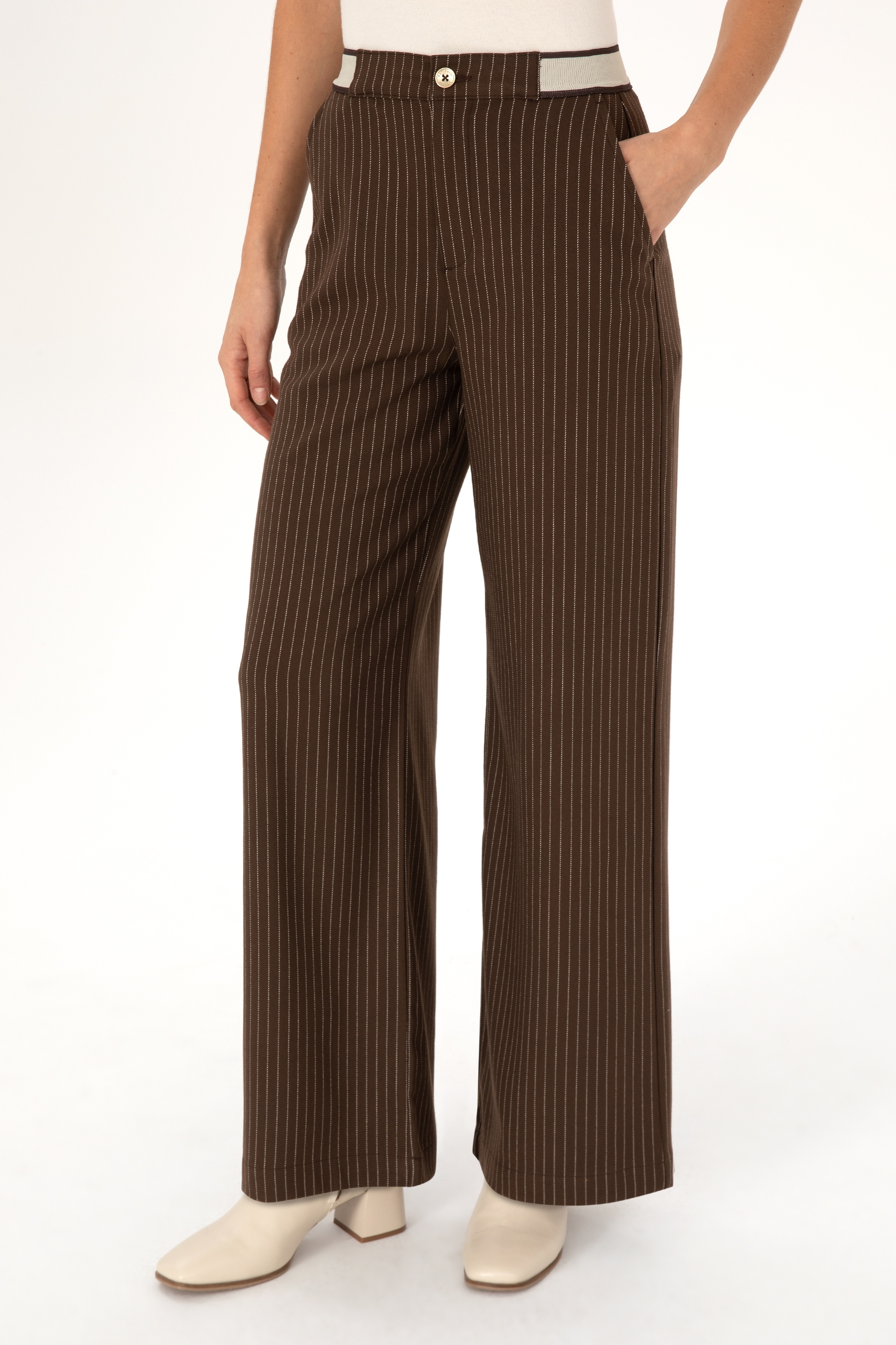 Kadın Kahverengi Çizgili Loose Fit Kanvas Pantolon - Image 2