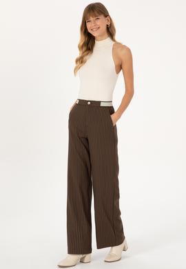 Kadın Kahverengi Çizgili Loose Fit Kanvas Pantolon - 50317169011