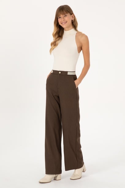 Kadın Kahverengi Çizgili Loose Fit Kanvas Pantolon