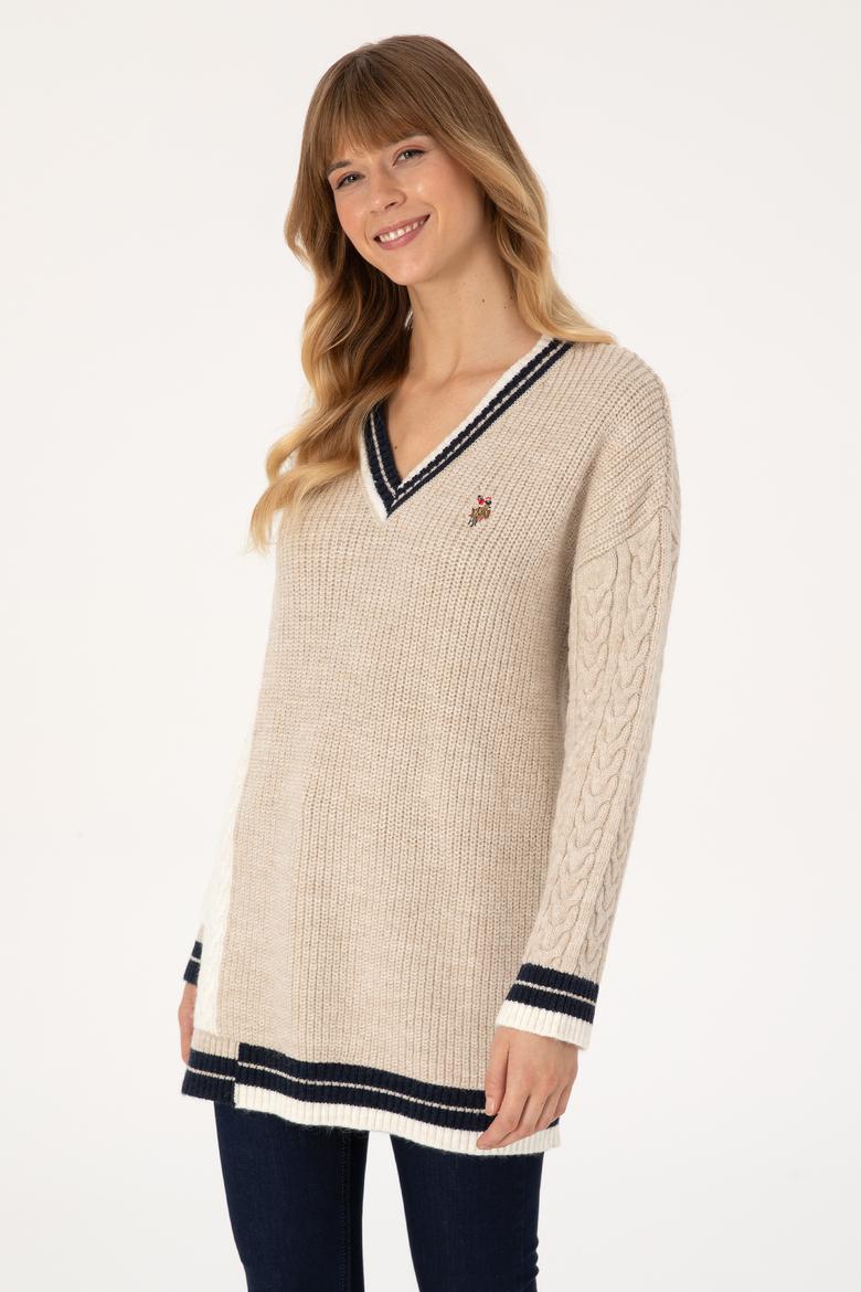 Kadın Krem V Yaka Kazak - 50309873011