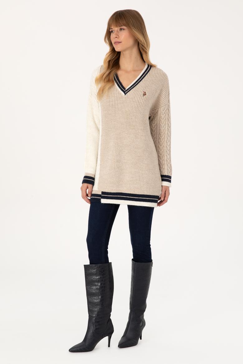 Kadın Krem V Yaka Kazak - 50309873011