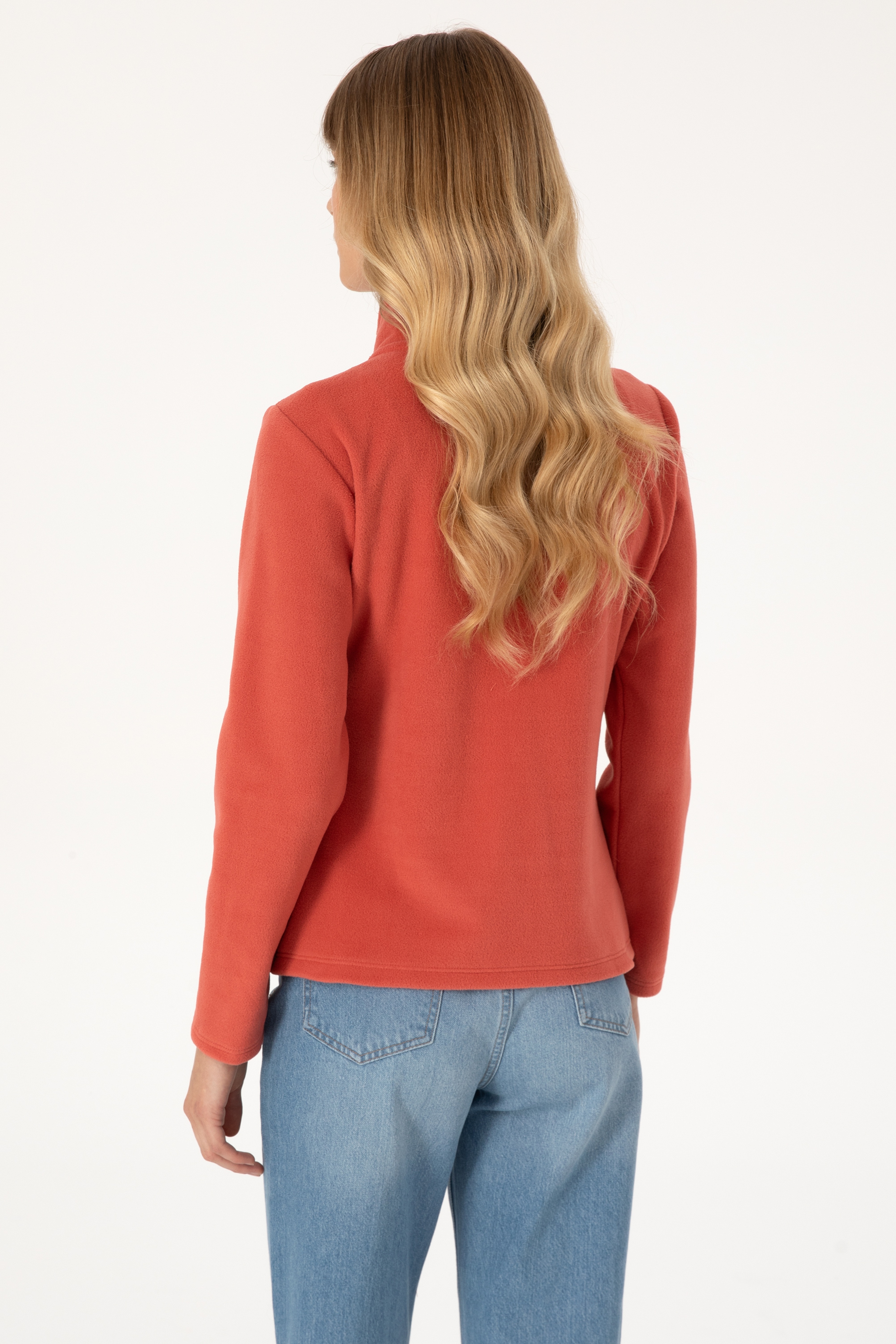 Kadın Kiremit Fermuarlı Dik Yaka Polar Sweatshirt - Image 5