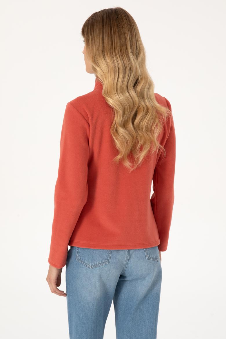 Kadın Kiremit Fermuarlı Dik Yaka Polar Sweatshirt - 50316729088