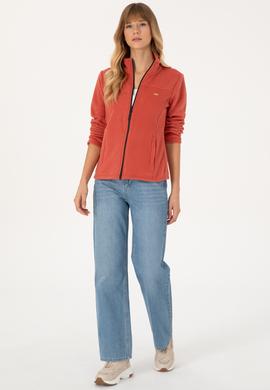 Kadın Kiremit Fermuarlı Dik Yaka Polar Sweatshirt - 50316729088